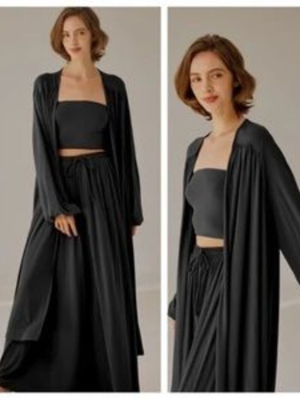 NWT: NAP 2-Piece Open-Front Cardigan Robe & Wide Legged Drawstring Pants - Black